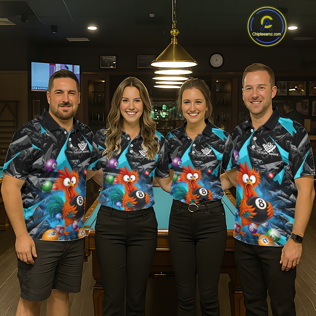 Custom Funny Turquoise Chicken 8 Ball Pool Billiard Shirt for Men Polo & 1/4 Zip, Billiard Team Jerseys NNT148