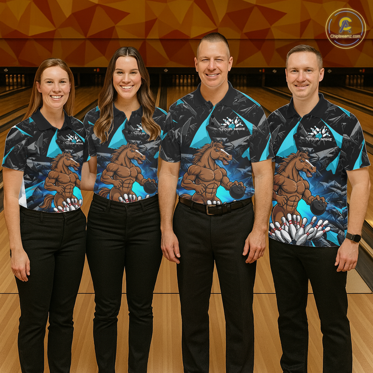 Custom Turquoise Funny Horse Bowling Jersey for Men Bowling Team Shirts Bowling League Polo & 1/4 Zip HNT183