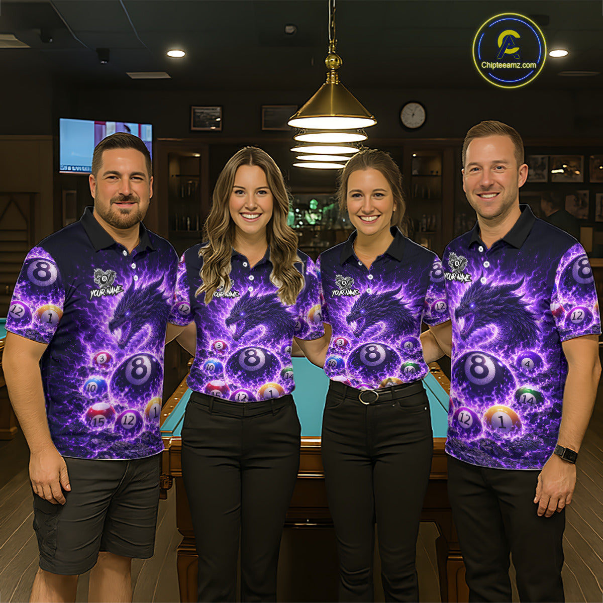 Purple Flaming Funny Dragon Pool 8 Ball Billiard Shirt For Men Custom Ball Billiard Team Attire NYN2611