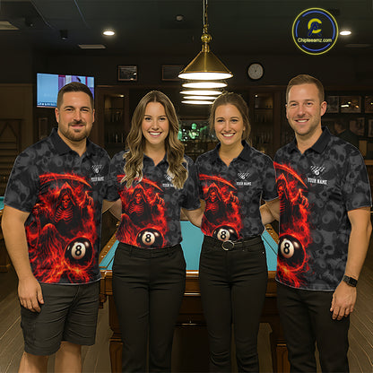 Personalized Red Flaming Grim Reaper 8 Ball Pool Billiard Shirts For Men Billiard Attire Gifts NYN2792