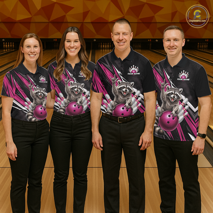 Custom Pink Raccoon Bowling Jersey for Men Bowling Team Shirts Bowling Polo & 1/4 Zip HNT254
