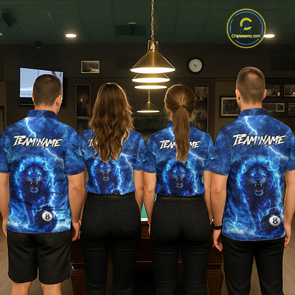 Personalized Billiards Shirt Blue Flames Lion 8 Ball Pool For Men Billiard Jersey Customized Name NYN2860