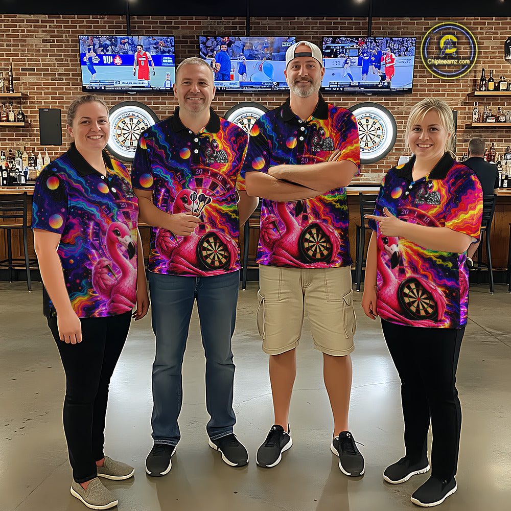 Personalized Cute Flamingo Dart Polo & Quarter Zip Shirt For Men Colorful Rainbow Paint Darts Jersey NYN2869