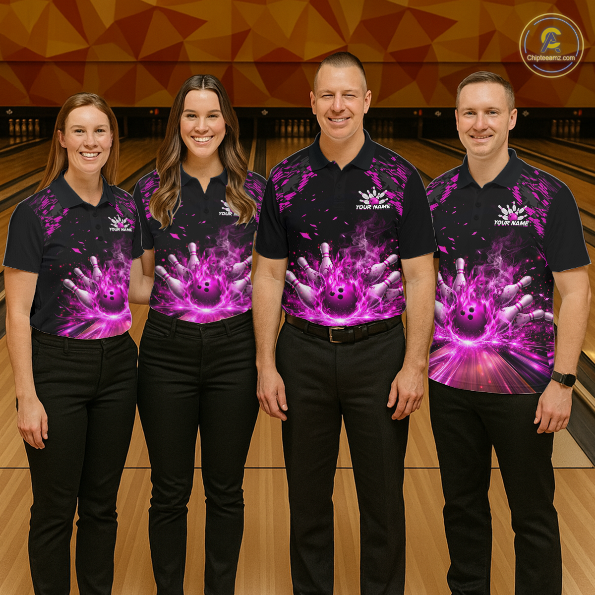 Custom Pink Flame Bowling Team Shirt for Men Polo & 1/4-Zip Bowling Jersey Bowling League Uniform QZT866
