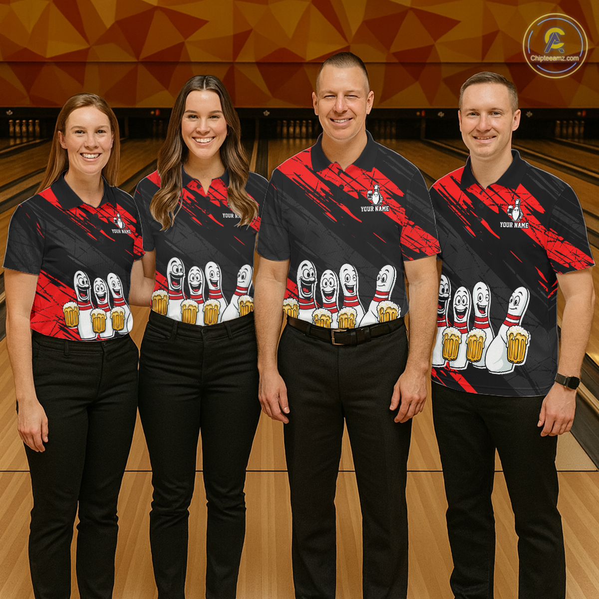 Custom Red Funny Bowling Tournament Jersey for Men Bowling Team Shirts Polo & 1/4 Zip HNT178