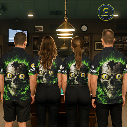 Green Flaming Cracked Skull 8 Ball & 9 Ball Pool Billiard Shirt For Men Custom Billiard Apparel NYN2635