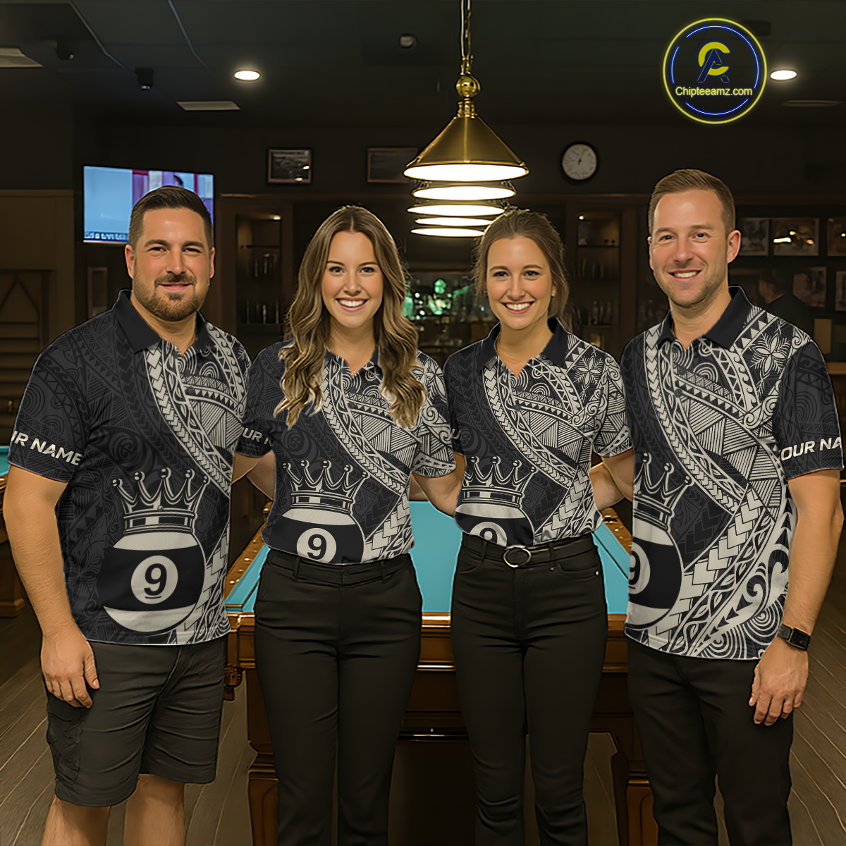 Custom Black and Gold Tribal 9 Ball Pool Billiard Shirt for Women Billiard League  Polo & 1/4 Zip NNT155