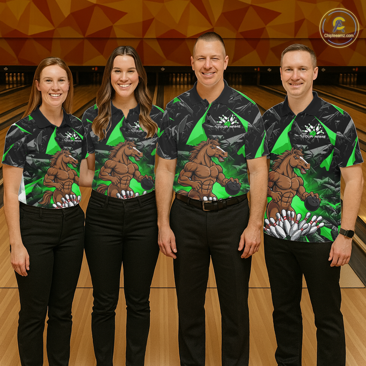 Custom Green Funny Horse Bowling Jersey for Men Bowling Team Shirts Bowling League Polo & 1/4 Zip HNT183