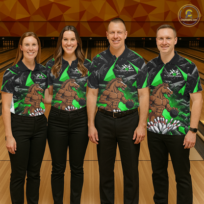 Custom Green Funny Horse Bowling Jersey for Men Bowling Team Shirts Bowling League Polo & 1/4 Zip HNT183