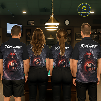 Custom Grim Reaper Billiard Shirts for Men 8 Ball Pool Shirt Polo & Quarter-Zip Billiard Jersey Unisex BHT7