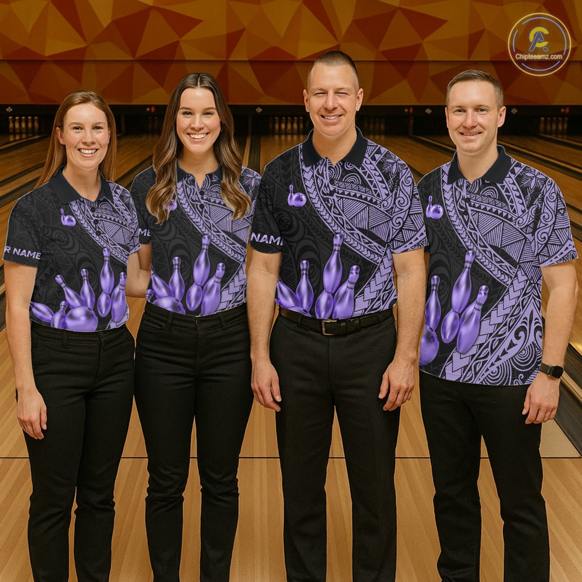 Black and Purple Tribal Pattern Bowling Jersey for Men Bowling Uniform Bowling Team Shirts HNT225