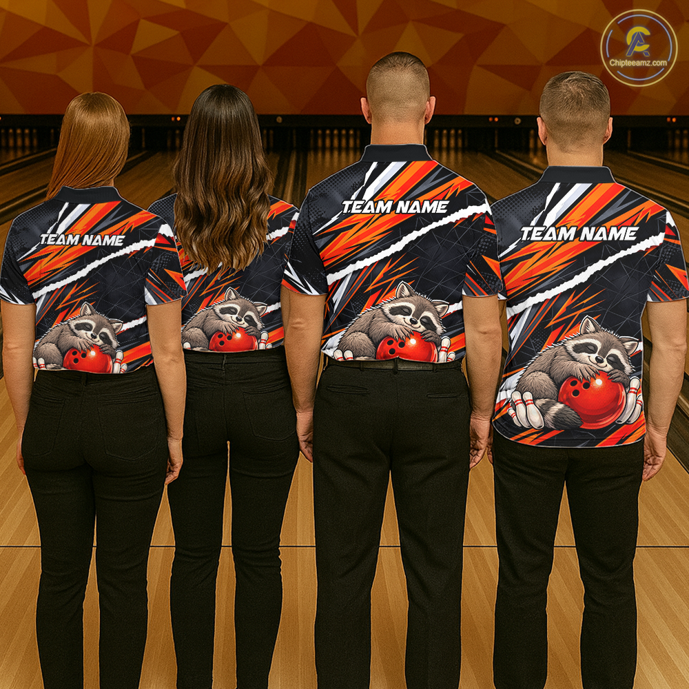 Custom Orange Raccoon Funny Bowling Jersey for Men Bowling Team Shirts Polo & 1/4 Zip HNT247