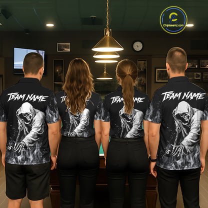 Grey Skeleton Play Pool Billiard Shirt For Women Custom Fire Flame Billiard Jersey, Billiards Gifts NYN3139