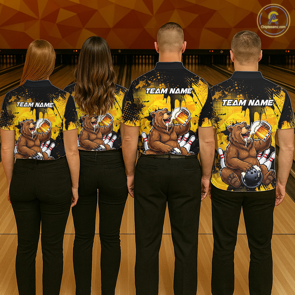 Custom Beer Bear Bowling Jersey for Men Bowling Team Shirts Bowling Polo & 1/4 Zip HNT265
