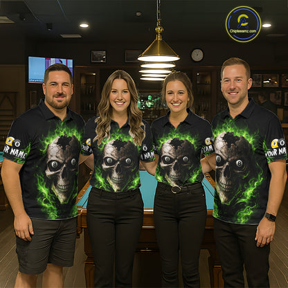 Green Flaming Cracked Skull 8 Ball & 9 Ball Pool Billiard Shirt For Men Custom Billiard Apparel NYN2635