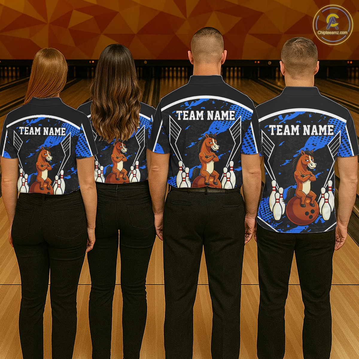 Custom Blue Funny Horse Bowling Tournament Jersey for Men Bowling Team Shirts Polo & 1/4 Zip HNT180