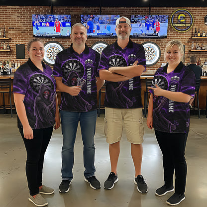 Grunge Purple Grim Reaper Women Darts Polo & 1/4-Zip Shirts Custom Thunder Lightning Darts Team Jersey NYN3037