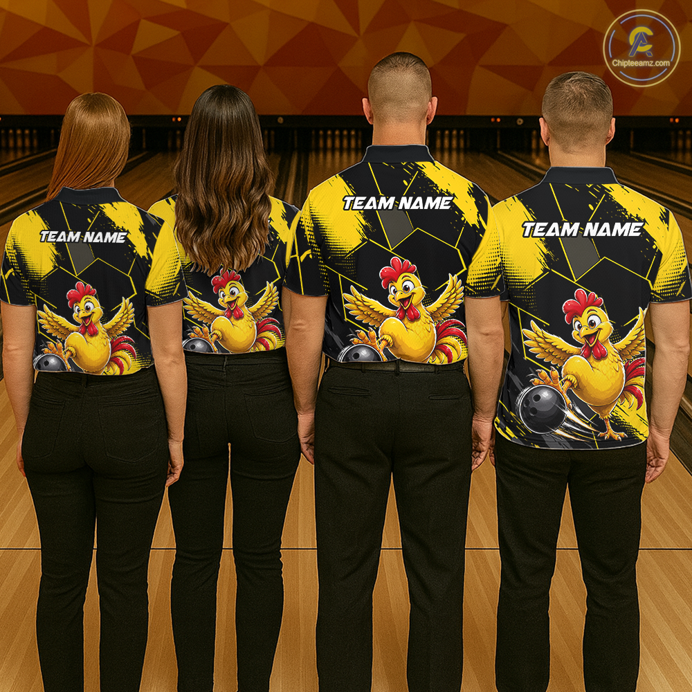 Custom Black & Yellow Funny Chicken Bowling Shirt for Women Bowling Team Jersey Polo & 1/4-Zip QZT1010