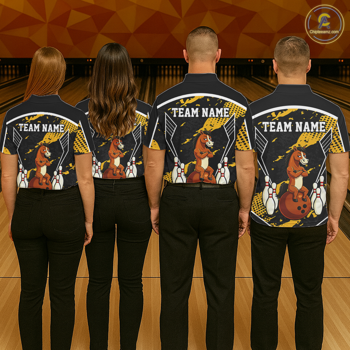 Custom Yellow Funny Horse Bowling Tournament Jersey for Women Bowling Team Shirts Polo & 1/4 Zip HNT180