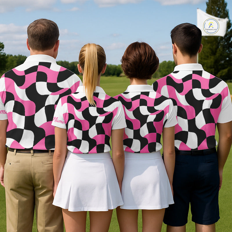 Womens Golf Polo Shirt Custom Pink Checkerboard Argyle Pattern Golf Attire For Ladies, Golf Gifts NHN0124