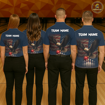 Group of four wearing custom navy patriotic bowling shirts back view featuring a bald eagle and American flag, displaying Team Name, at the bowling alley