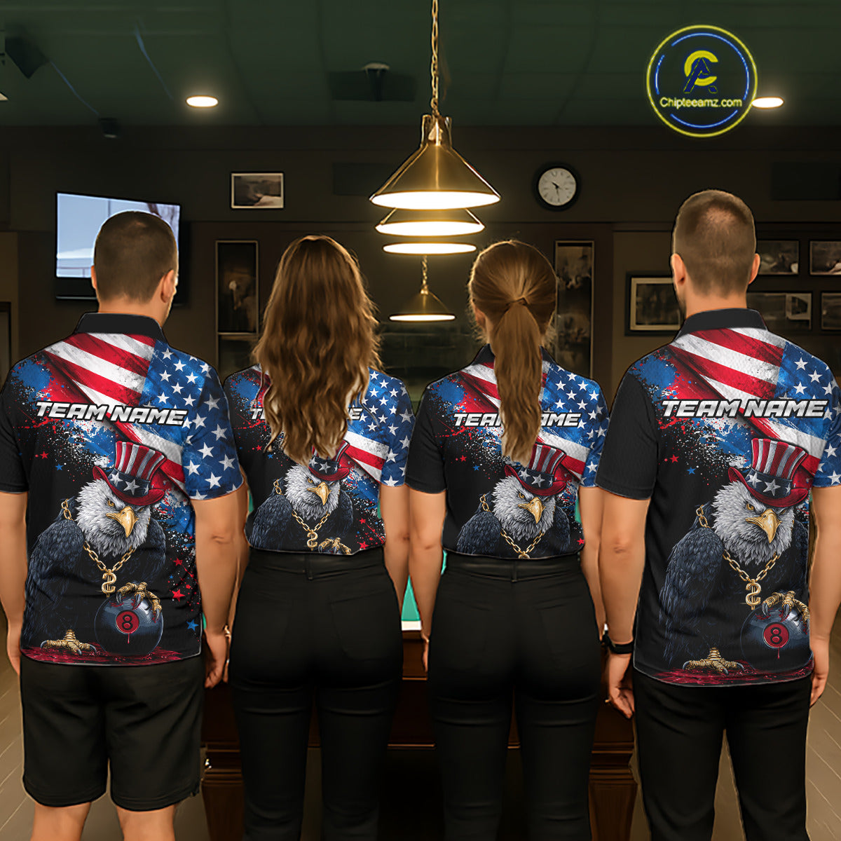 Custom American Flag Splatter Eagle 8 Ball Pool Billiard Shirts For Women Patriotic Billiard Team Jersey NYN2778