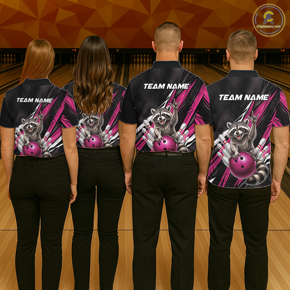 Custom Pink Raccoon Bowling Jersey for Men Bowling Team Shirts Bowling Polo & 1/4 Zip HNT254