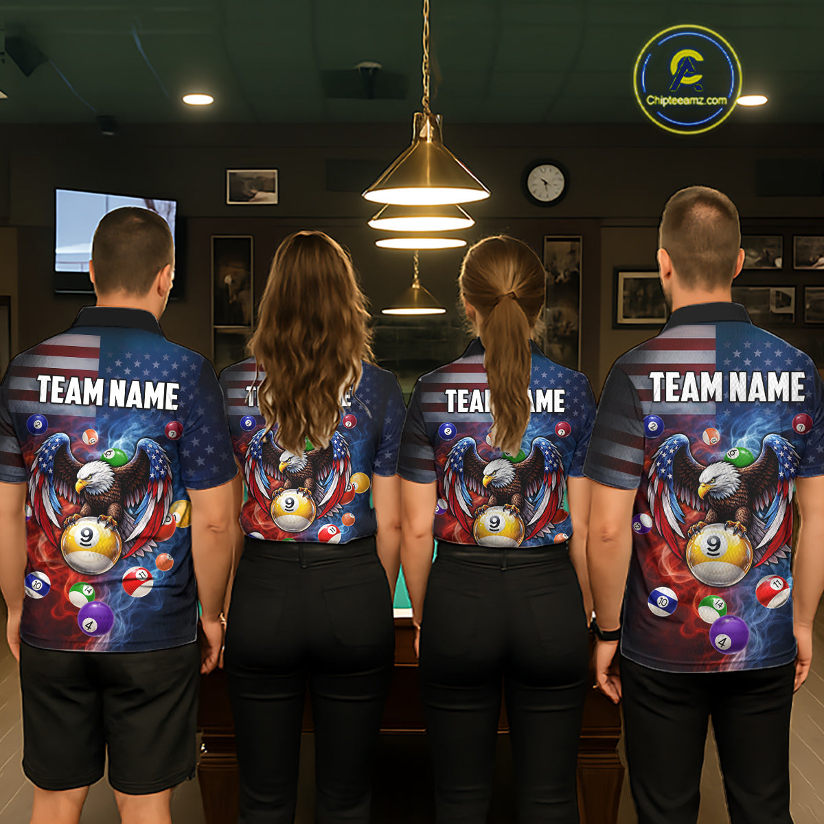 Blue & Red Flames Eagle 8 Ball 9 Ball Pool Billiard Shirt For Men Custom US Flag Billiard Jersey NYN3050