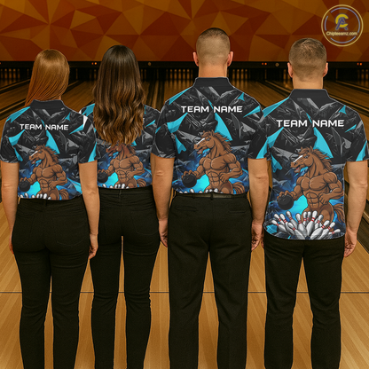 Custom Turquoise Funny Horse Bowling Jersey for Men Bowling Team Shirts Bowling League Polo & 1/4 Zip HNT183