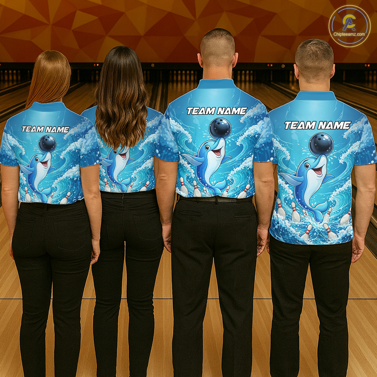 Custom Funny Dolphin Bowling Polo Shirt Blue Ocean Theme Team Jersey Bowling Outfit for Men QZT857