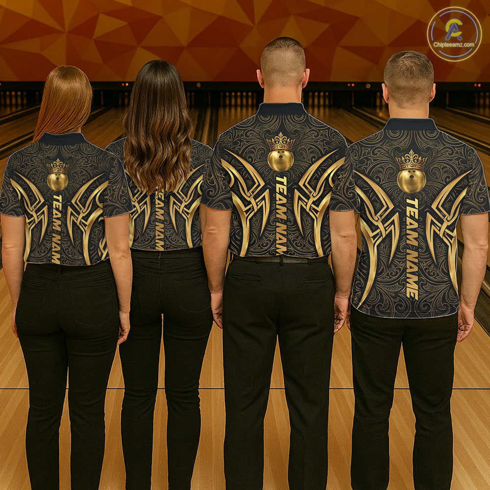 Black And Gold Crown Bowling Ball Polo & 1/4-Zip Shirts For Men Custom Tribal Bowling Team Jerseys NYN3124