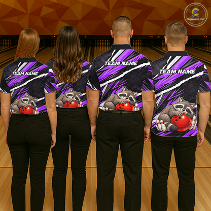 Custom Purple Raccoon Funny Bowling Jersey for Men Bowling Team Shirts Polo & 1/4 Zip HNT247