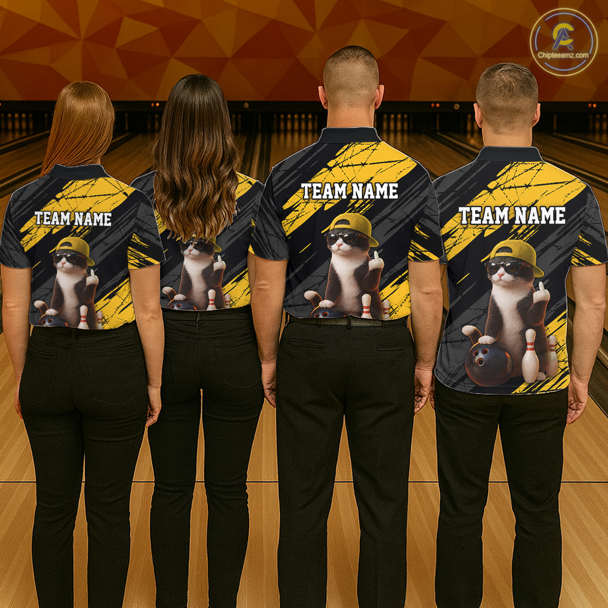Custom Funny Cat Yellow Bowling Jersey for Women Bowling Polo & 1/4 Zip Bowling Team Shirts HNT198