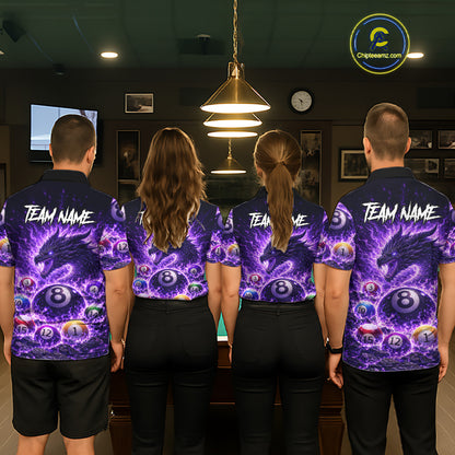 Purple Flaming Funny Dragon Pool 8 Ball Billiard Shirt For Men Custom Ball Billiard Team Attire NYN2611