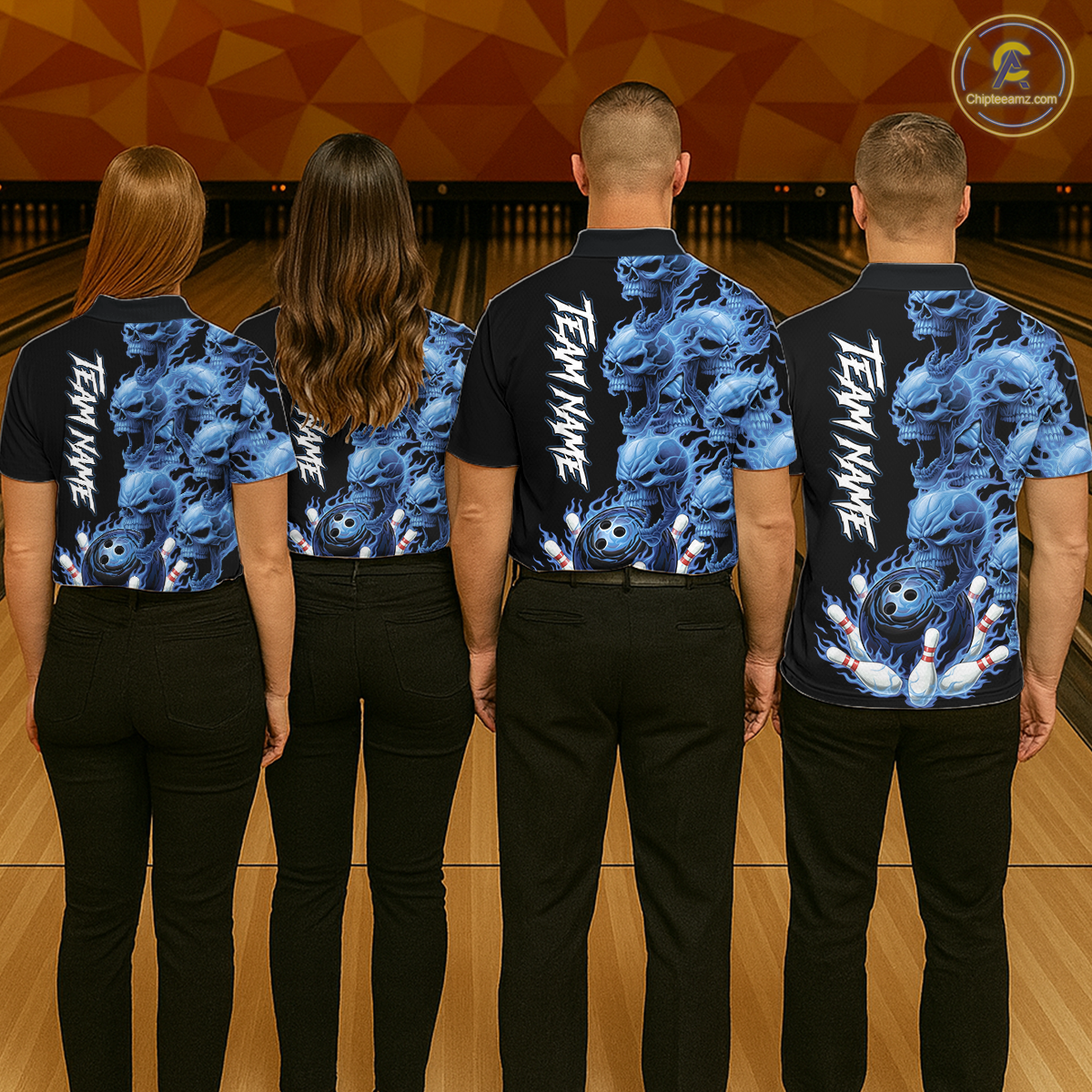 Custom Flame Skull Bowling Jerseys for Men Bowling League Polo & 1/4 Zip Bowling Team Shirts HNT203