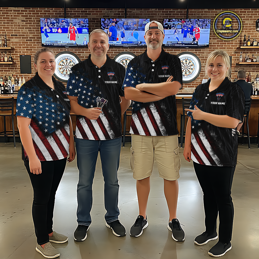 Custom US Flag Eagle Dart Shirts for Men Darts Team Jerseys Dart Tournament Polo & 1/4 Zip NNT142