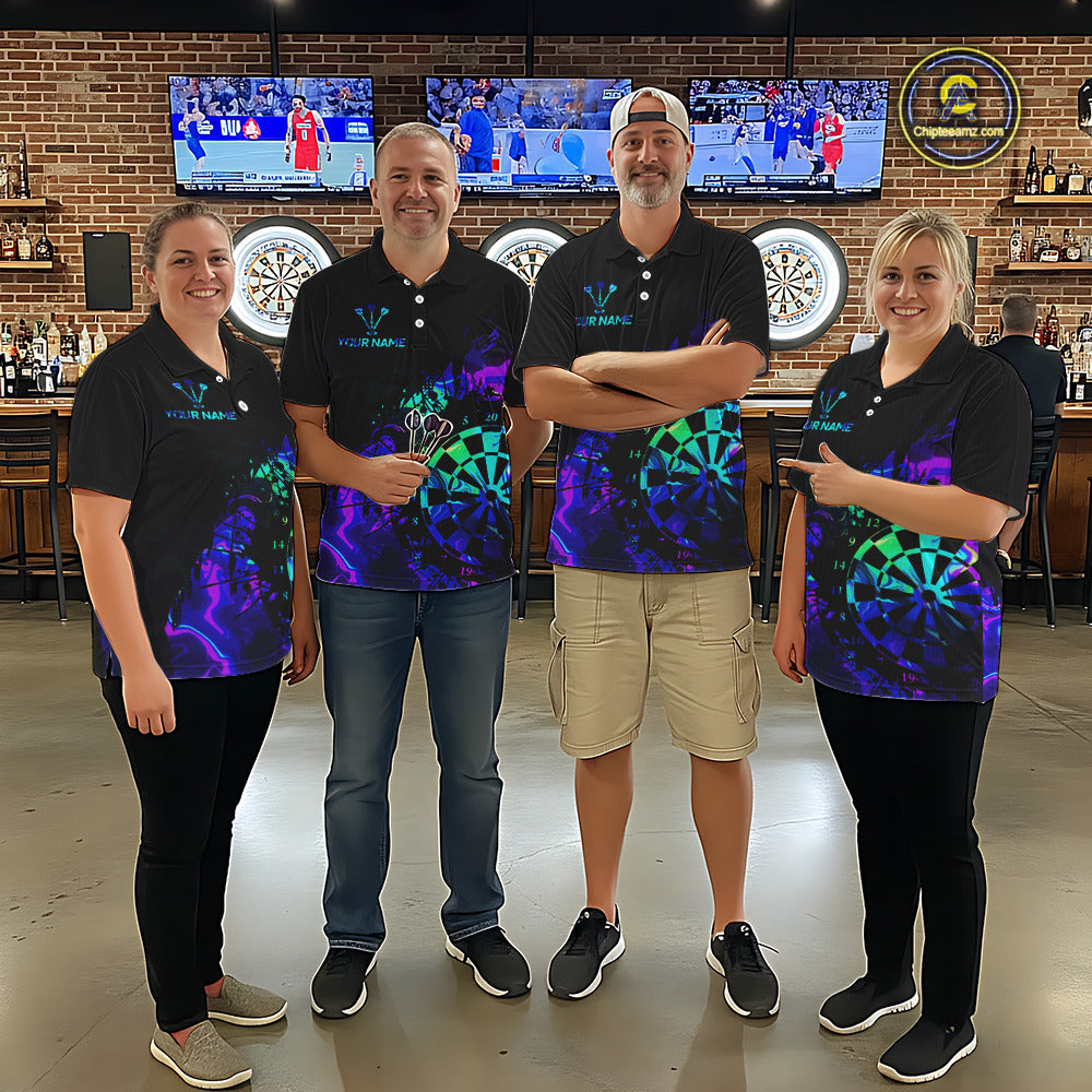 Blue Holographic Dartboard Grunge Darts Polo Shirts For Men Custom Name For Darters NYN2706