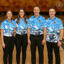 Load image into Gallery viewer, Blue Bowling Camo Angry Shark Bowling Polo, 1/4 Zip Shirts for Men Custom Shark Team Bowling Jerseys NQS11605