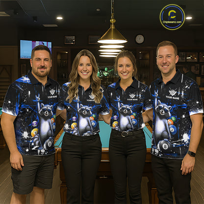 Custom Blue Funny Raccoon Billiard Shirt for Women 8 Ball Pool Billiard Jersey Polo & 1/4-Zip BHT5
