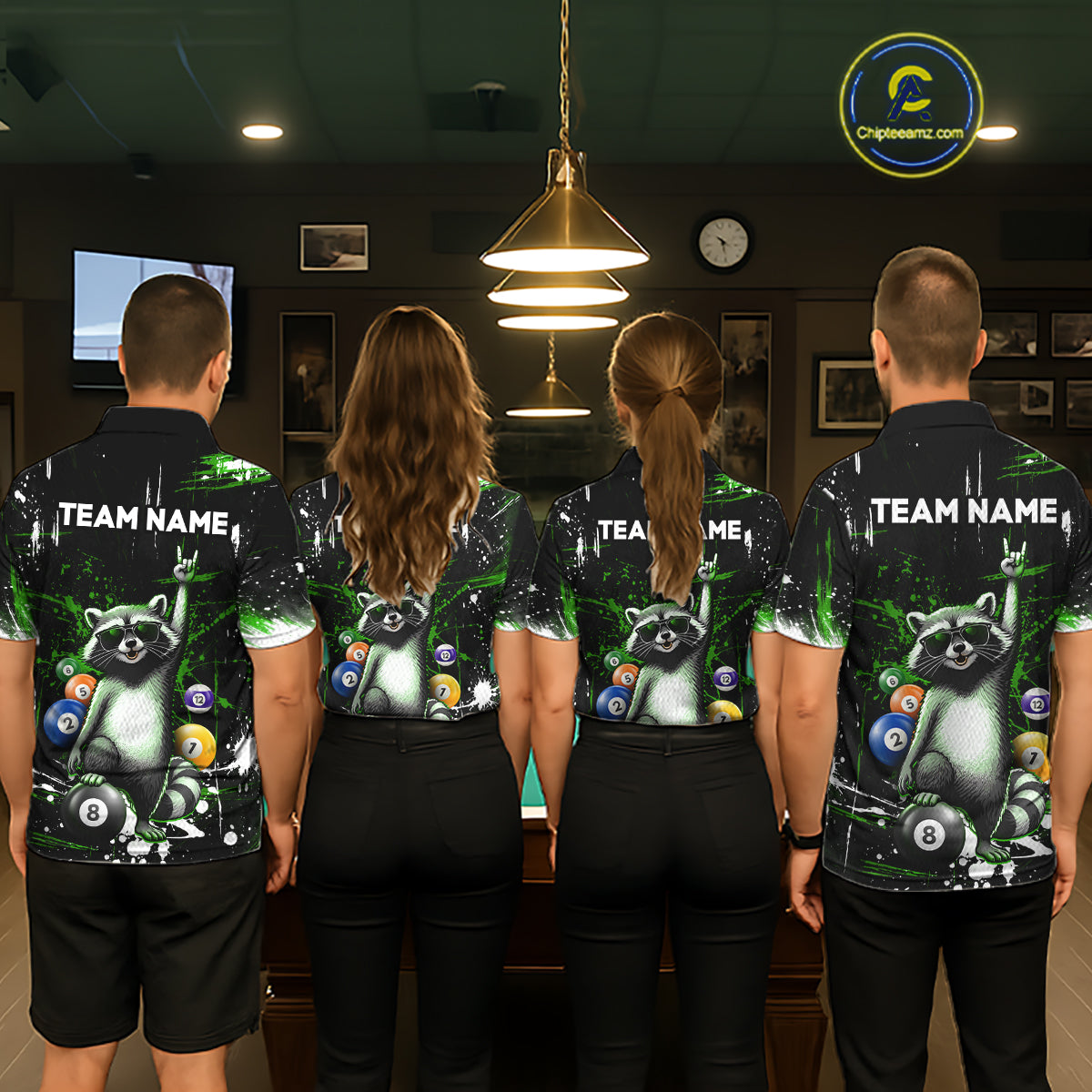 Custom Green Funny Raccoon Billiard Shirt for Men 8 Ball Pool Billiard Jersey Polo & 1/4-Zip BHT5