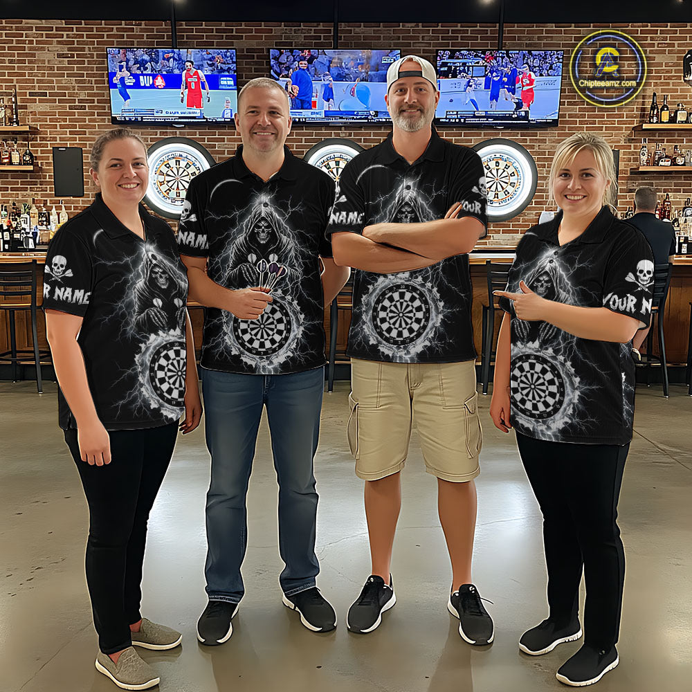 Lightning Thunder White & Black Grim Reaper Custom Dart Polo Shirt Women Dart League Jerseys NYN2091