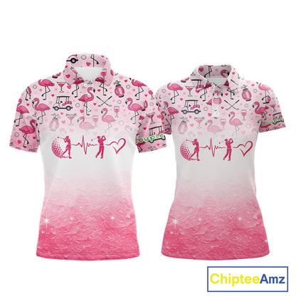 Pink Flamingo Heart Theme Matching Golf Polos For Couple Custom Couple Valentines Outfit NHN0145