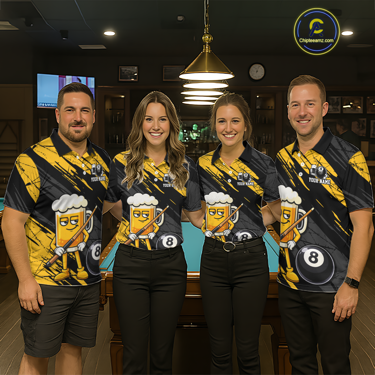 Custom Funny Yellow Beer 8 Ball Pool Men Billiard Polo & 1/4 Zip, Billiard Shirt, Billiard Team Jerseys NNT146