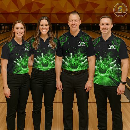 Custom Green Flame Bowling Team Shirt for Women Polo & 1/4-Zip Bowling Jersey Bowling League Uniform QZT866