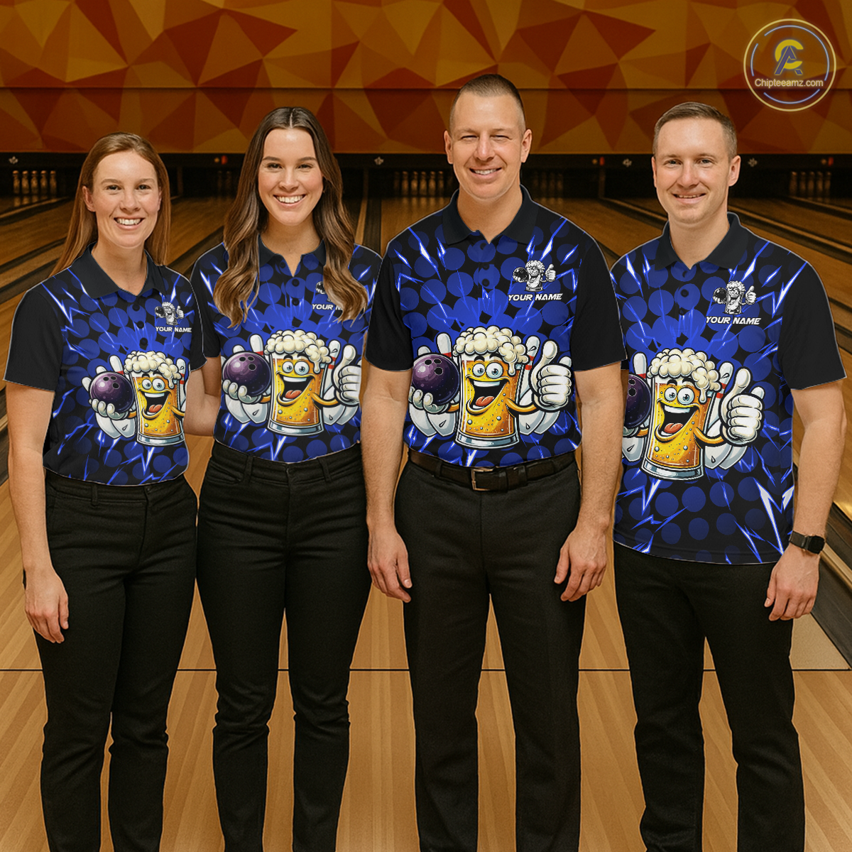 Custom Blue Funny Beer Bowling Jersey for Men Bowling Team Shirts Polo & 1/4 Zip HNT187