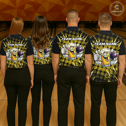 Custom Yellow Funny Beer Bowling Jersey for Men Bowling Team Shirts Polo & 1/4 Zip HNT187