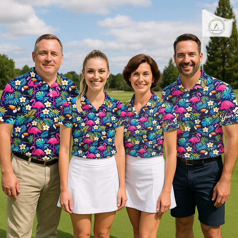 Womens Golf Polo Shirt Flamingo Floral Pattern, Colorful Tropical Leaves Custom Team Golf Shirt NHN0194