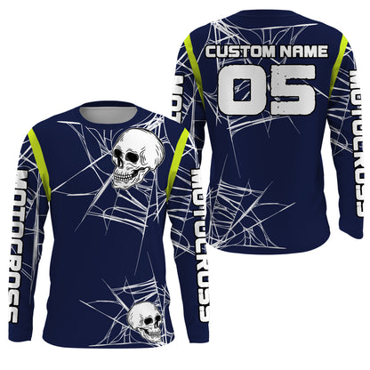 Personalized Motocross racing jersey UPF30+ skull extreme men women kids blue dirt bike outfit PDT196