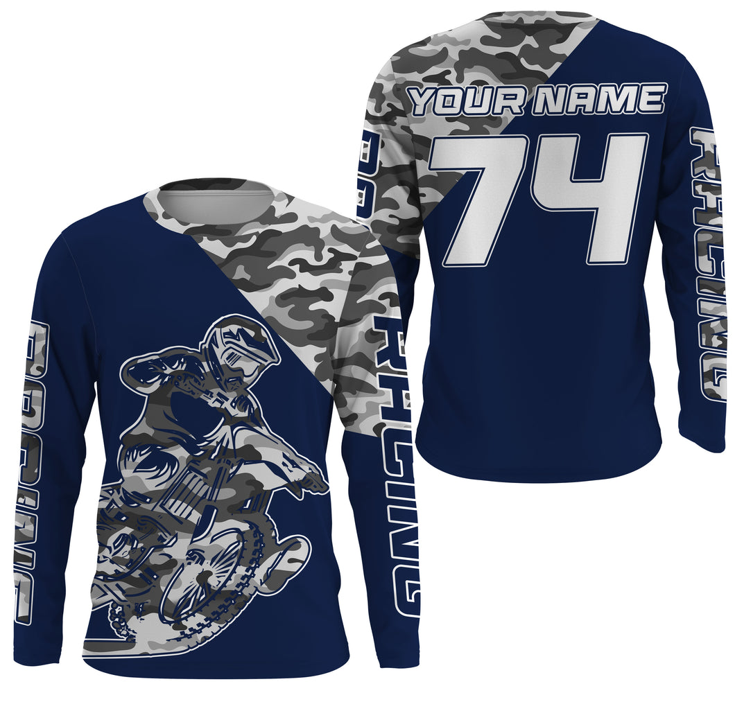 Blue camo custom name&number Motocross racing jersey kids men women UV dirt bike shirt motorcycle PDT133