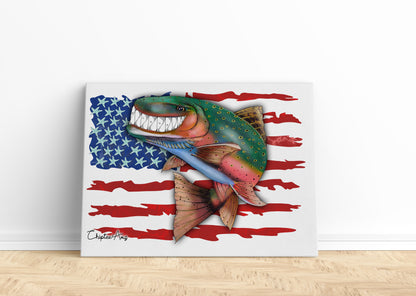 Rainbow Trout fly fishing with American flag ChipteeAmz's art Matte Canvas AT024